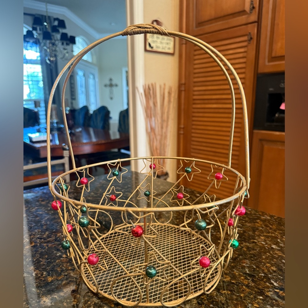 Vintage Starry Scrolled Gold Metal Basket with Vibrant Red & Green Beads